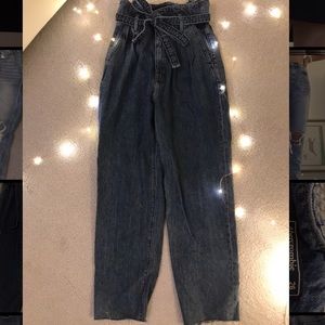 high waisted paper bag mom jeans In dark blue
